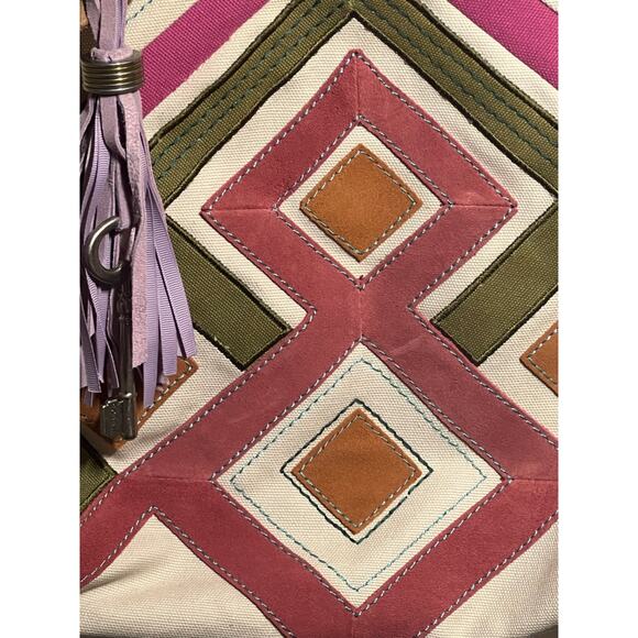 Fossil Jesse Large Pink Green Suede Canvas 2 Strap Tote Bag Purse and Keychain - Picture 5 of 8